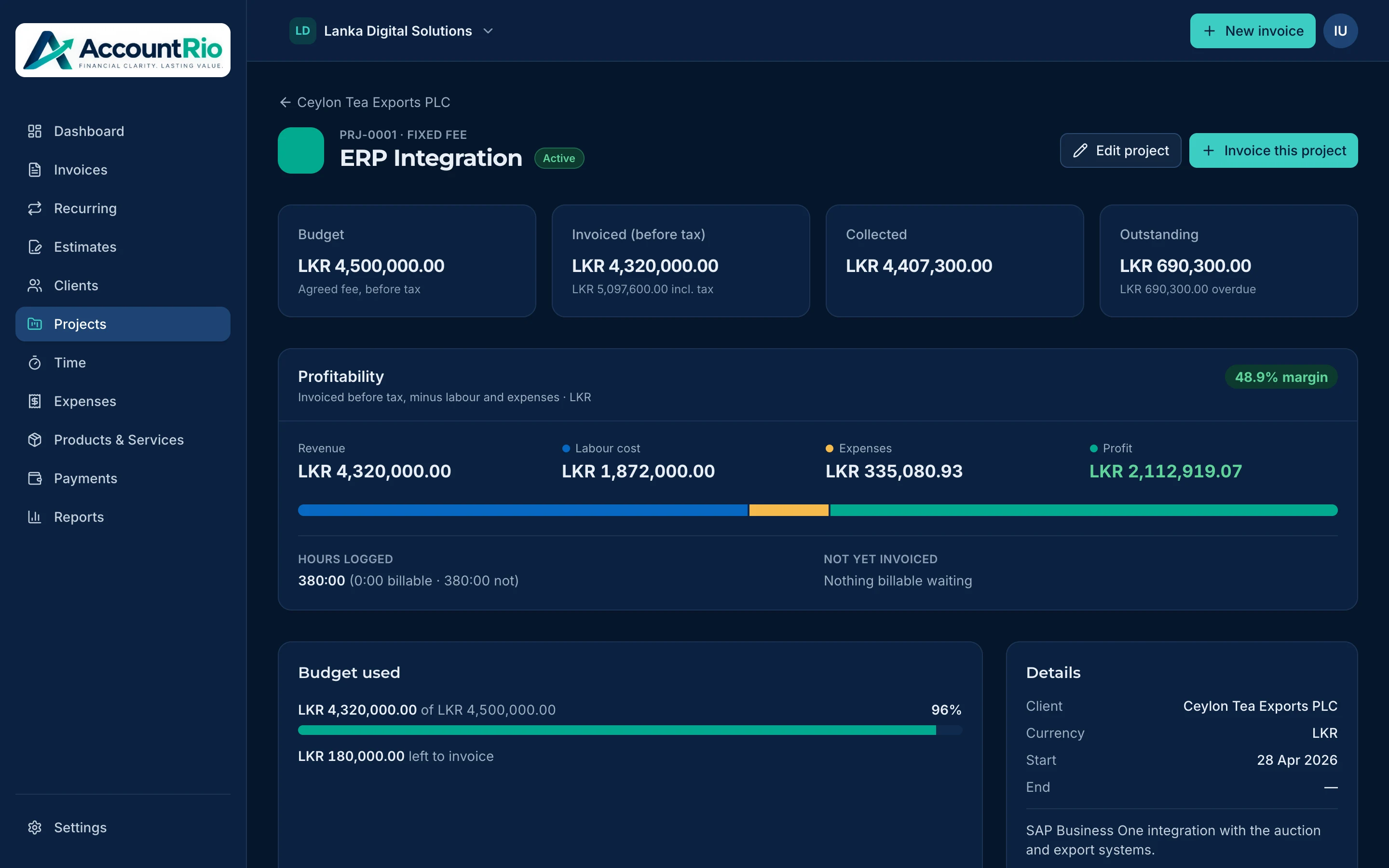 A project in AccountRio showing budget, revenue, labour cost, expenses and a 48.9% margin
