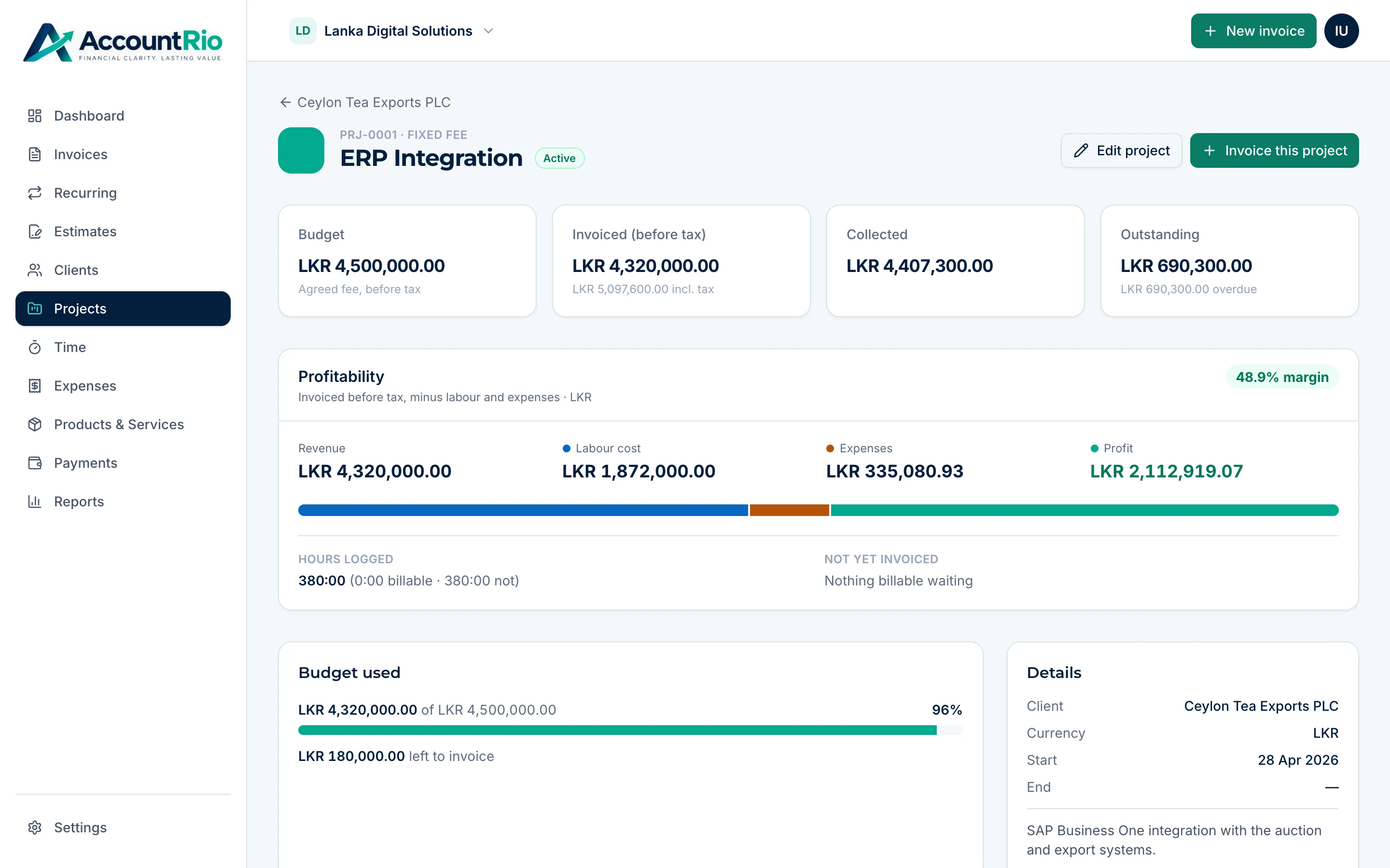 A project in AccountRio showing budget, revenue, labour cost, expenses and a 48.9% margin